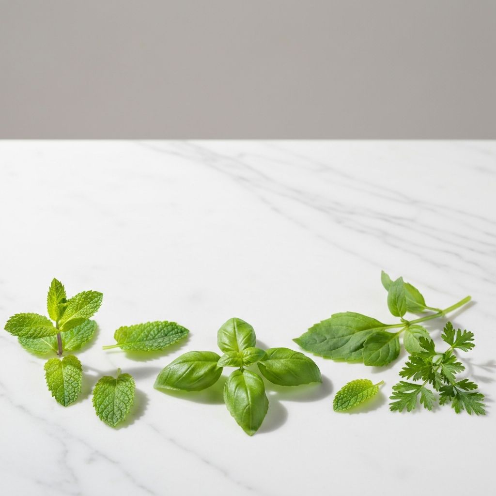 Frische grüne Pflanzenblätter und Kräuter