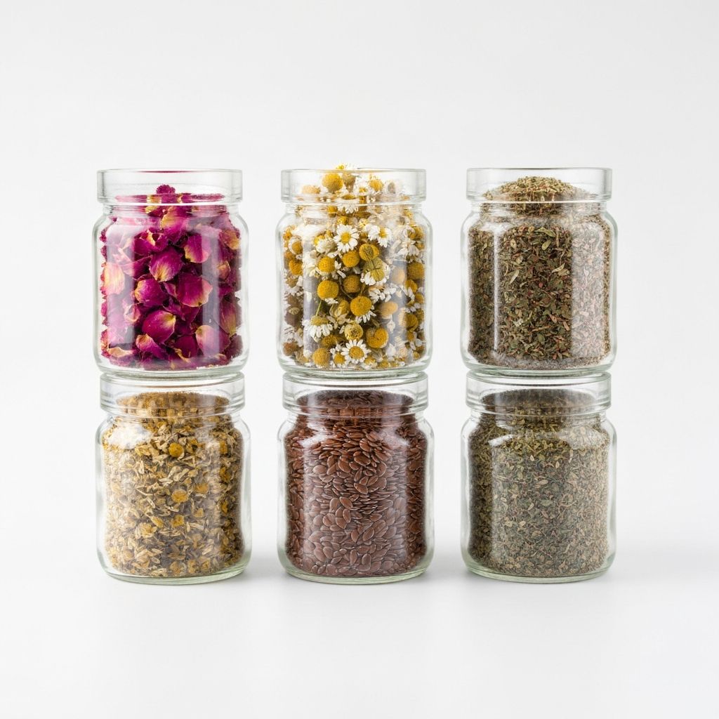 Gereinigte Kräuterbestandteile in Gläsern